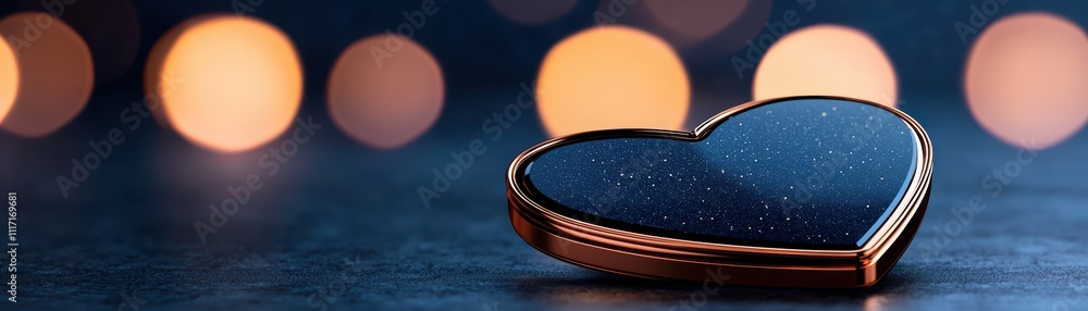 Poster a heart-shaped object with a dark surface, set against a backdrop of softly glowing bokeh lights, cr