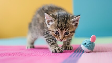 Kitten pouncing on a squeaky mouse toy on colorful background