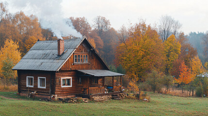 Obraz premium A picturesque traditional wooden house with smoke curling from the chimney, creating a warm Thanksgiving atmosphere.