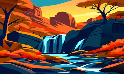 Fototapeta premium Bright mountain landscape with a waterfall, vector illustration.