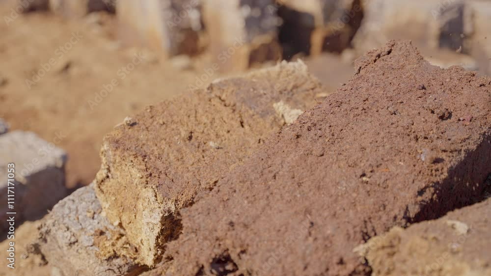 Poster closeup of stacked peat blocks in drying field, highlighting texture as worker places thick wet bric