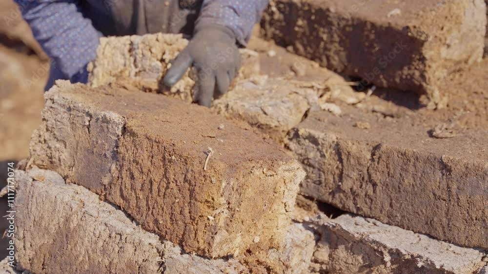 Poster neatly stacked peat bricks on dry field prepared for industrial use, worker in gloves stacks and sha