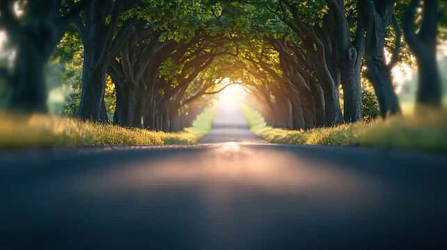A serene road flanked by trees, leading to a bright light at the end, symbolizes journey.