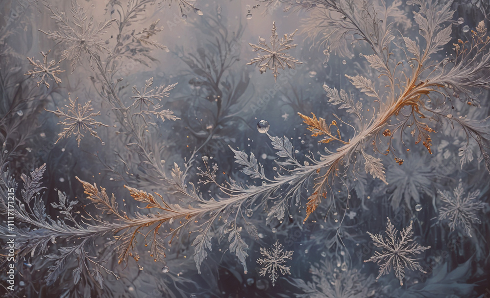 Poster a painting of a snowy landscape with a branch and leaves. the branch is covered in snow and has a go