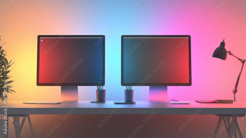 Poster modern workspace with colorful computer monitors