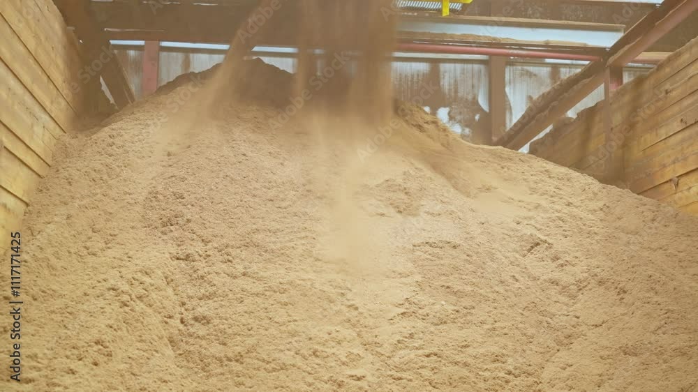 Aufkleber indoor peat factory storage with stacked raw material in bulk quantities, medium push in to top of p