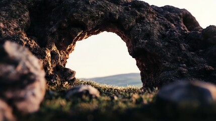 Naklejka premium Natural arch framing serene landscape view.
