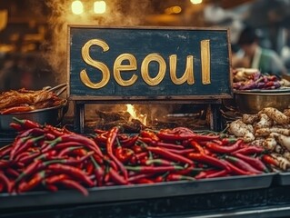 Vibrant Korean Street Food Stall in Seoul with Variety of Ingredients and Inviting Atmosphere