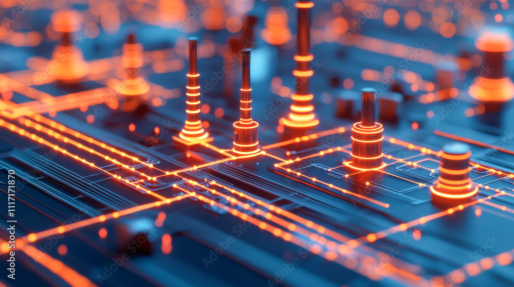 Poster close-up of glowing microchips and circuits highlighting advanced technology.