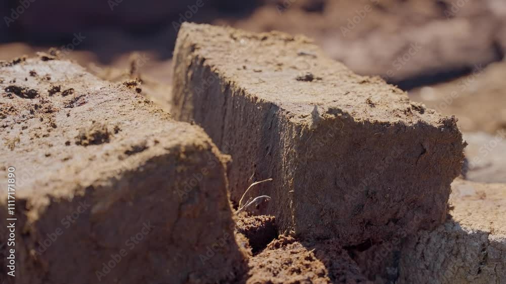 Poster peat bricks stacked on a field for drying and eventual processing, detailed orbit on sunny day