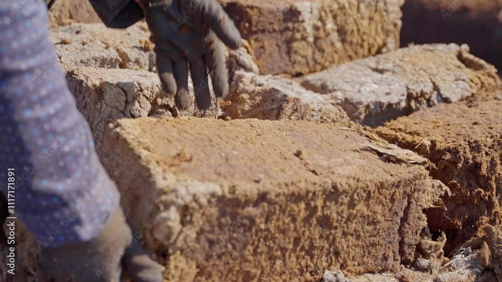 Poster field filled with stacked peat blocks, showcasing orderly production as worker lays brick down onto 