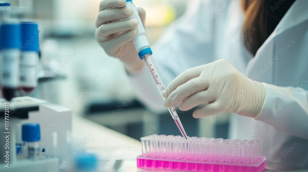 Poster scientist using a pipette in laboratory settings.