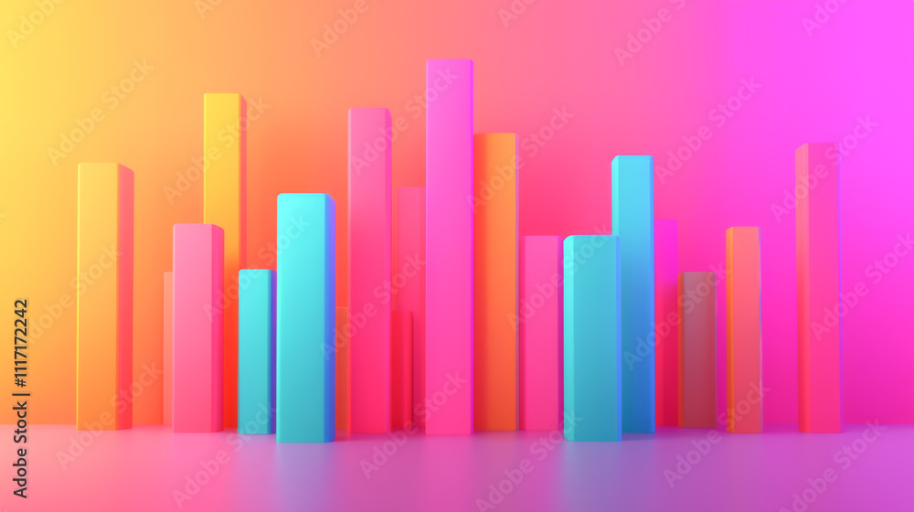 Poster colorful 3d bar chart representing data visually on a vibrant gradient background.