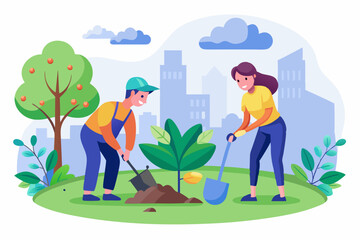 Teamwork in Urban Gardening as Two People Plant a Tree in a City Park