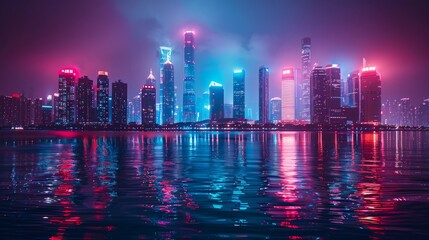 Vibrant city skyline at night reflected in calm water.