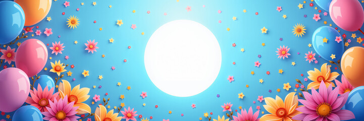 Birthday card with a blue background, colorful balloons, flowers, and a large white circle in the center.