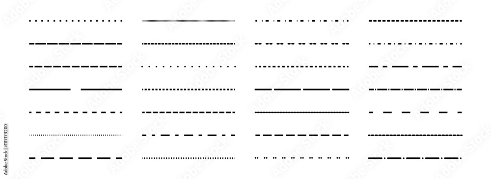 Aufkleber Dashed thin lines set. Black straight dotted stripe collection. Separate and divide element bundle for flyer, poster, brochure, banner, booklet, leaflet. Vector design pack