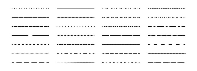 Dashed thin lines set. Black straight dotted stripe collection. Separate and divide element bundle for flyer, poster, brochure, banner, booklet, leaflet. Vector design pack