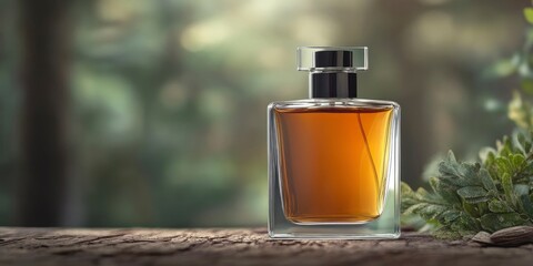 perfume bottle with a dark amber liquid on wooden desk with green leaves on corner against blur nature background