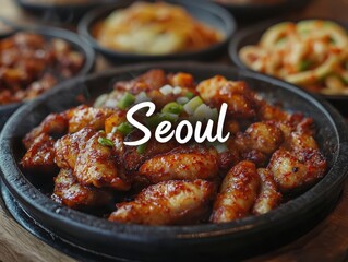 Stunning Korean Food Spread: Delicious Seoul Specialties on Wooden Backdrop