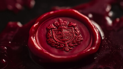 Close-up of a crimson red wax seal with a royal crest design