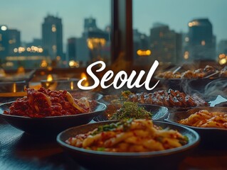 Stylish Seoul Cityscape Restaurant Serving Authentic Korean Cuisine - Dim Lit Indoor Dining Scene with Bibimbap, Grilled Meats, and Other Traditional Dishes