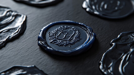 Obraz premium Close-up of a dark blue wax seal featuring an elegant monogram design