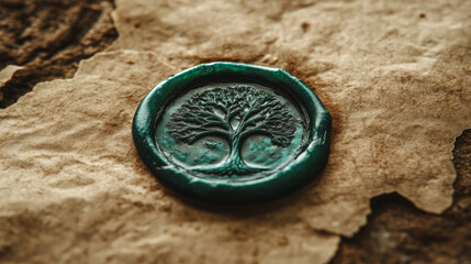 Close-up of a deep green wax seal with a tree emblem