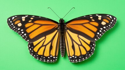 Fototapeta premium A butterfly with orange wings is sitting on a green surface