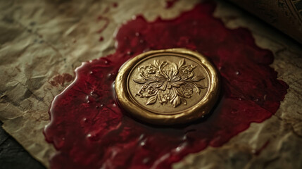 Close-up of a gold wax seal with an intricate floral design