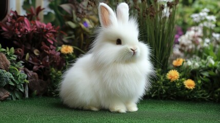 Fluffy White Rabbit Sitting in Lush Green Garden Setting