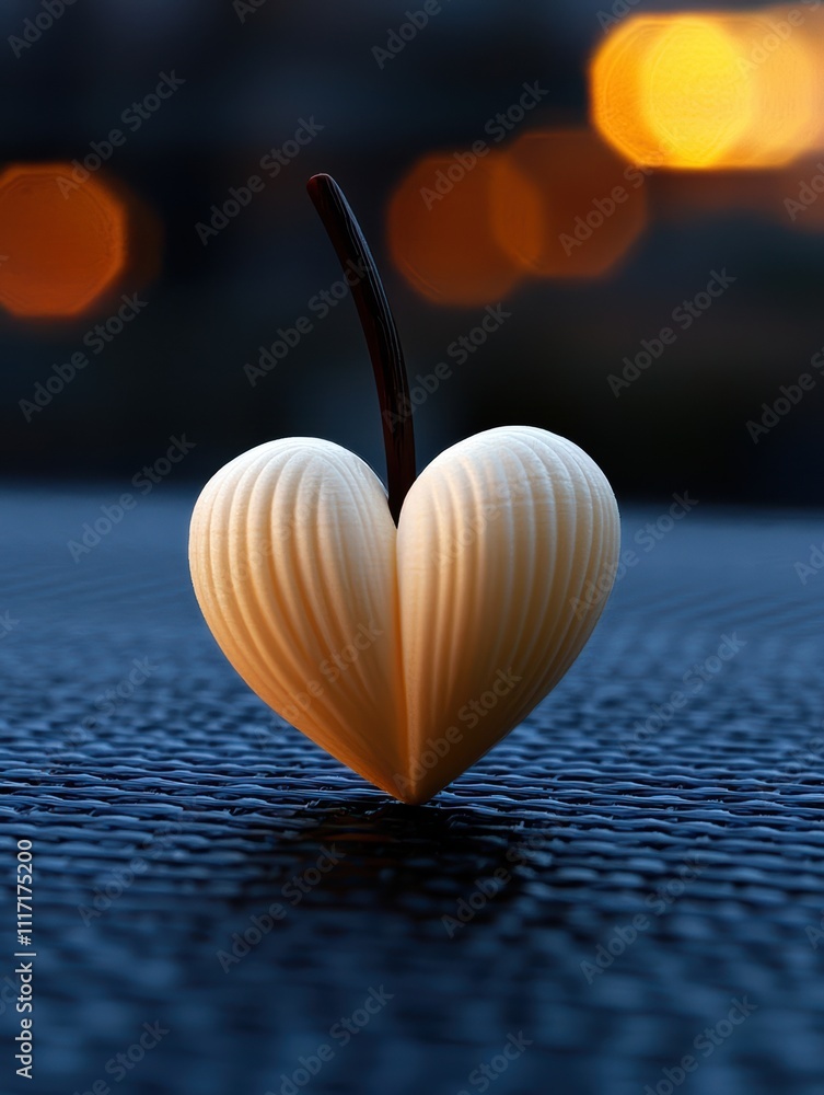 Poster a heart-shaped object made from seashells, illuminated with a soft, warm glow against a textured bac