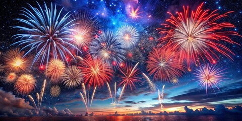 Spectacular Fireworks Display Over a Starry Sky and Calm Ocean, celebration, fireworks display