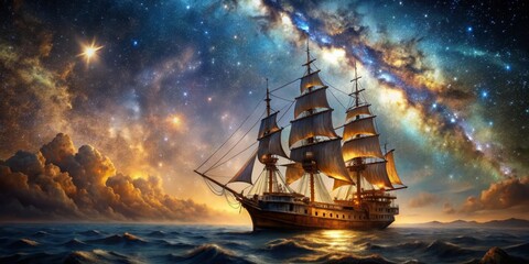 Fototapeta premium Sailing Through the Cosmic Sea, starry night, sailboat, , , ,