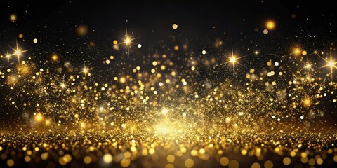 Obraz premium Golden Glitter and Stars on Black Background, bokeh, sparkle, glitter, glow, light, celebration