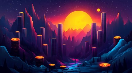 Obraz premium Epic sunset landscape with coins fantasy world digital art vibrant