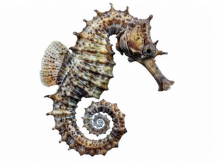A detailed image of a seahorse, showcasing its unique spiral tail and intricate texture, swimming gracefully through the water.