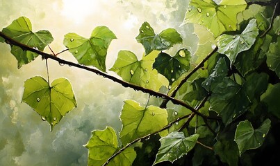 Dew-kissed leaves bathed in sunlight, hanging from a vine.