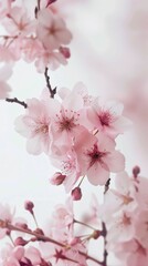 Naklejka premium Delicate pink cherry blossoms bloom against a soft background, showcasing nature's beauty and the arrival of spring.