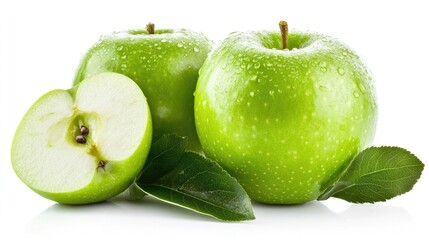Fresh Green Apples with Water Droplets and Leaves
