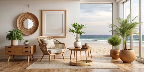 Coastal Living Room with Wicker Chair and Ocean View, Interior Design, Home Decor, coastal living room, beach house