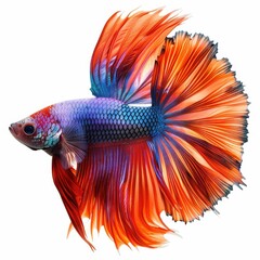 Fototapeta premium A vibrant betta fish showcasing stunning iridescent colors and flowing fins, swimming gracefully against a white background.