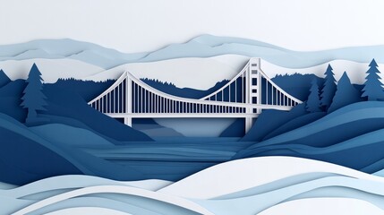 Serene Paper Cut Landscape Featuring a Stylized Bridge Over a Calm River Surrounded by Majestic Mountains and Forests in Blue Tones
