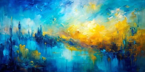 Abstract Oil Painting of a Blue and Yellow Landscape, Abstract ,Oil Painting