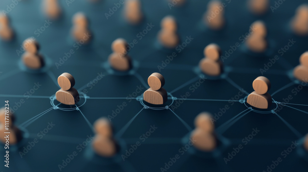 Poster concept of networking with wooden figures connected in a digital environment.