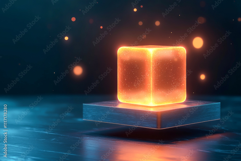 Poster conceptual glowing cube on a platform with mystical floating particles in a dark setting.