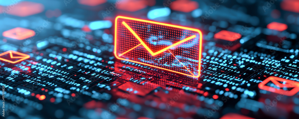 Poster digital communication symbol with glowing email icon on a data background.