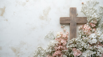 Wooden Cross with Spring Flowers on White Background