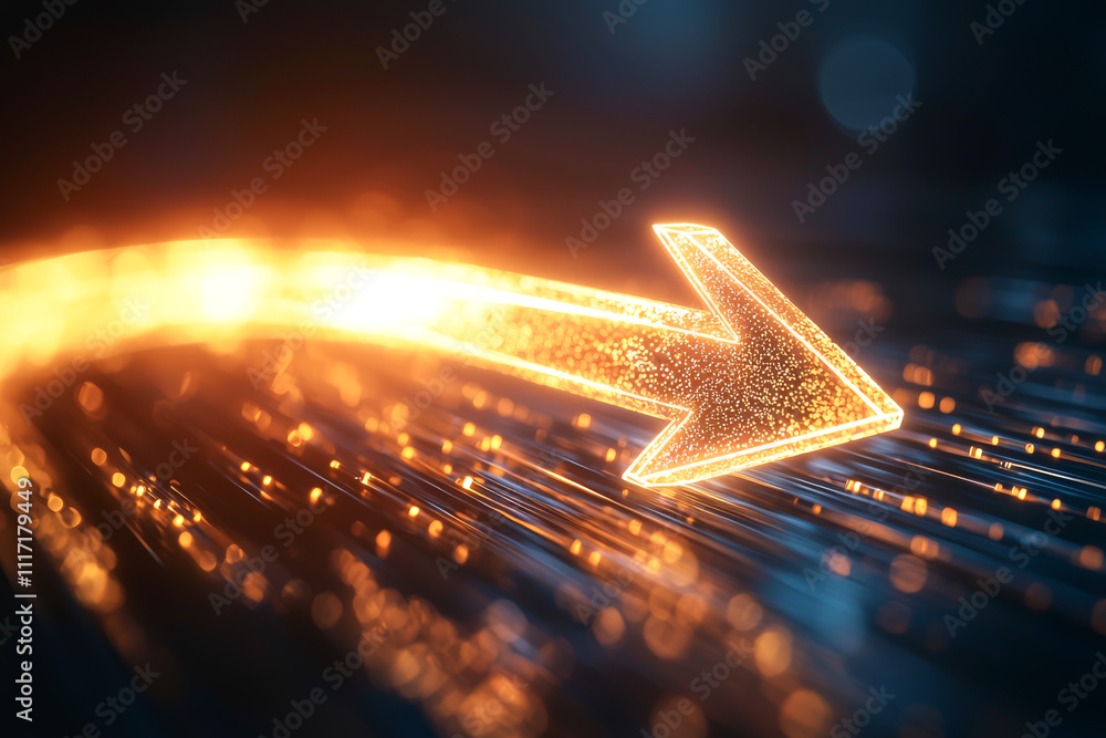 Aufkleber dynamic glowing arrow symbolizing direction and progress in a modern digital landscape.