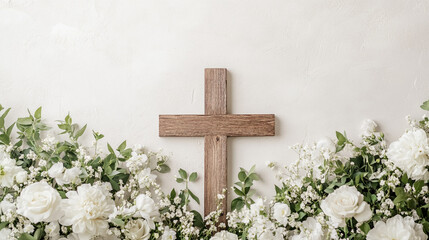 Wooden Cross with White Flowers  Funeral  Sympathy  Condolences